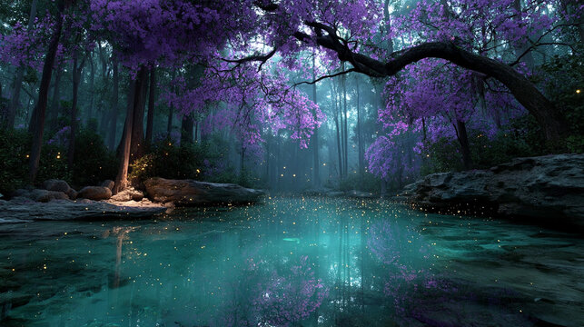Mystical bioluminescent jungle with glowing orbs floating above a still reflective pool surreal flora in deep purples and teals evoking magic hidden realms and the mystery of untouched nature