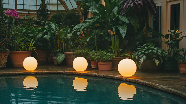 Mystical bioluminescent jungle with glowing orbs floating above a still reflective pool surreal flora in deep purples and teals evoking magic hidden realms and the mystery of untouched nature