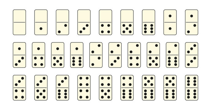 A complete set of dominoes arranged in rows, showcasing all possible number combinations from zero to six. Collection of domino tiles showing various dot combinations and values