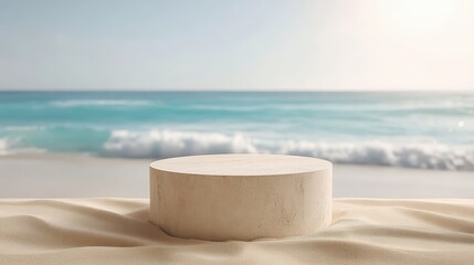 A circular stone sits on sandy beach, with gentle ocean waves lapping at the shore under a bright sky, creating a serene atmosphere.