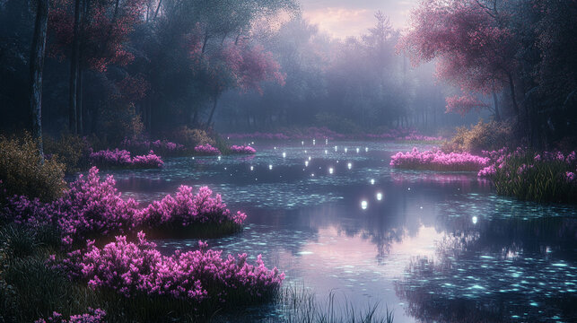 Mystical bioluminescent jungle with glowing orbs floating above a still reflective pool surreal flora in deep purples and teals evoking magic hidden realms and the mystery of untouched nature