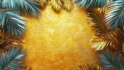 Golden Palm: An opulent composition featuring artfully arranged golden and teal palm fronds encircling a textured, gold-toned canvas, perfect for embodying luxurious, tropical, and celebratory themes.