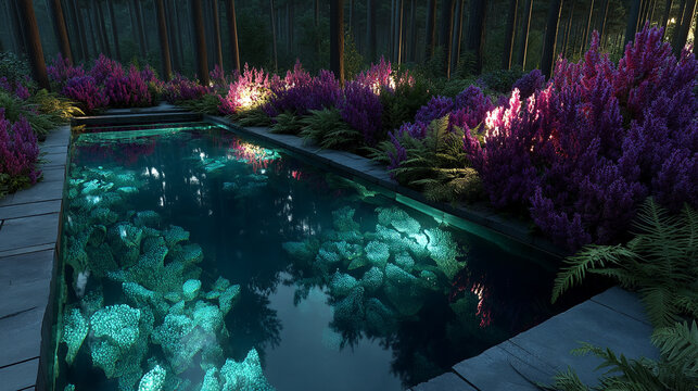 Mystical bioluminescent jungle with glowing orbs floating above a still reflective pool surreal flora in deep purples and teals evoking magic hidden realms and the mystery of untouched nature