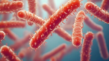 Fototapeta premium Close-up view of rod-shaped bacteria in a microscopic environment.