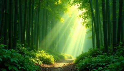 Obraz premium Sunbeams illuminate a lush bamboo forest, creating a mystical atmosphere , vibrant, outdoors