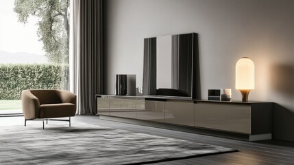 Fototapeta premium Modern gray-toned media console in a minimalist living room.