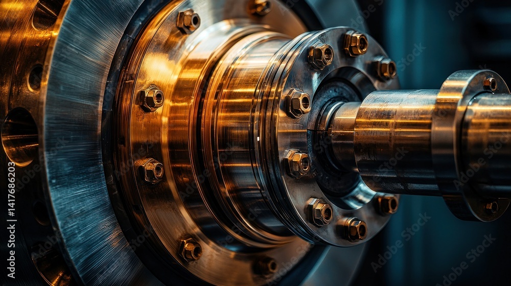 Poster close-up of a precision-engineered metallic component showcasing intricate details and reflections