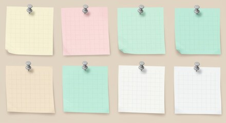 Six Gridded Beige, Pale Pink, and Seafoam Green Sticky Notes with Rounded Corners and Faint Lines