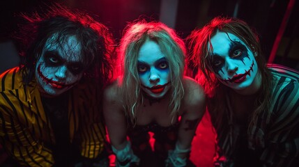 Fototapeta premium Three people in clown makeup looking at viewer in dark, moody, atmospheric background