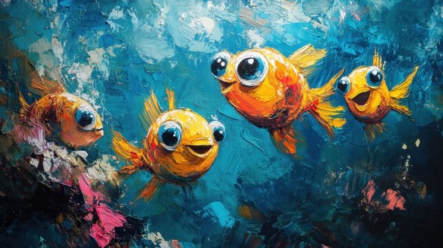 Colorful and Playful Cartoon Fish Swimming in Bright Blue Water with Abstract Background