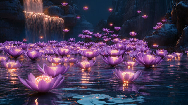 Mystical bioluminescent jungle with glowing orbs floating above a still reflective pool surreal flora in deep purples and teals evoking magic hidden realms and the mystery of untouched nature