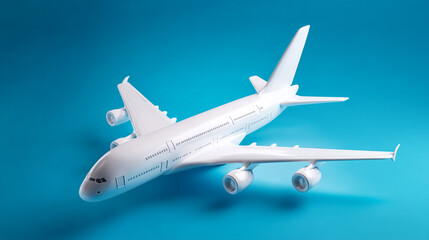 airplane isolated. Top flat view, White Airplane Model on Light Blue Background