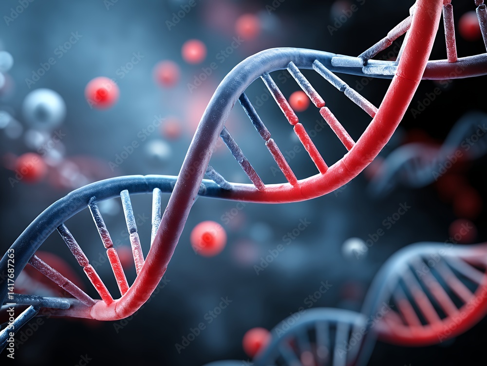 Poster 3d render of red and blue dna double helix with atoms and particles on dark background