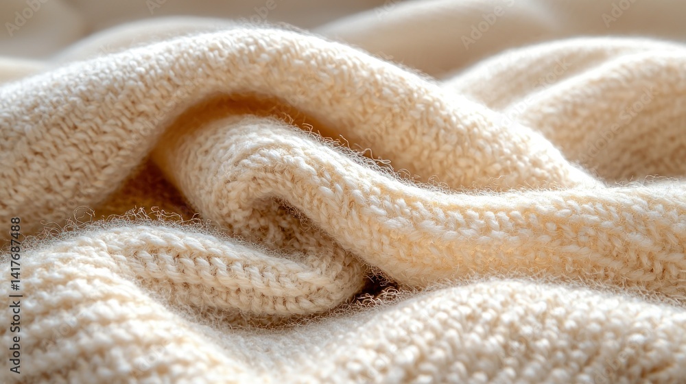 Poster close-up of a soft, cream-colored knitted fabric showcasing intricate textures and patterns