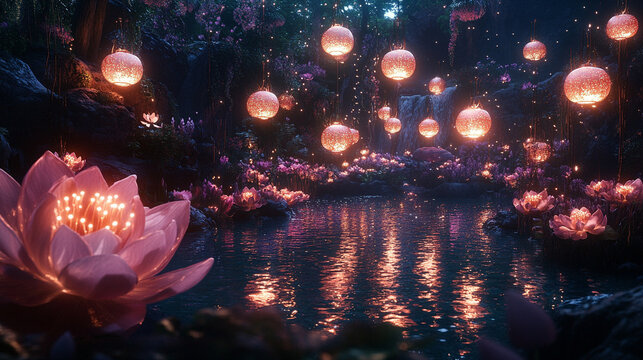 Mystical bioluminescent jungle with glowing orbs floating above a still reflective pool surreal flora in deep purples and teals evoking magic hidden realms and the mystery of untouched nature