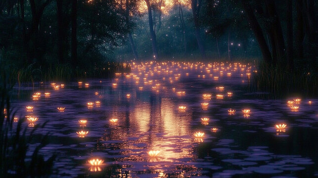 Mystical bioluminescent jungle with glowing orbs floating above a still reflective pool surreal flora in deep purples and teals evoking magic hidden realms and the mystery of untouched nature