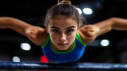 Fototapeta premium Young gymnast performs a challenging upper body exercise.