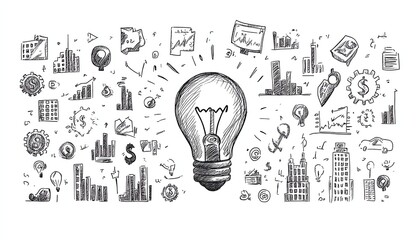 Entrepreneurial concept illustration, light bulb at center of handdrawn business icons including money symbols, charts, gears and buildings on white background