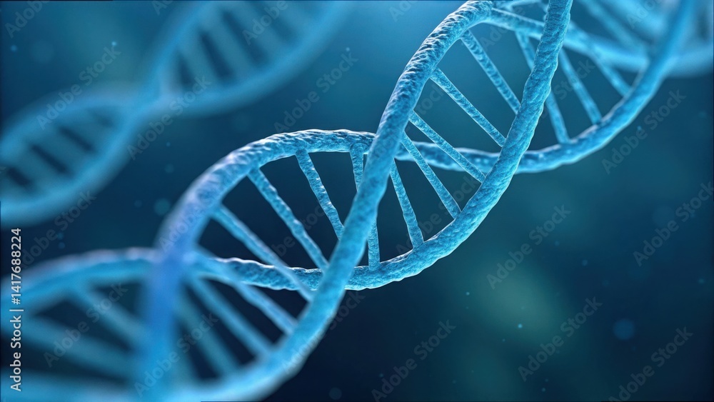 Poster detailed view of dna strand with highlighted base pairs in blue