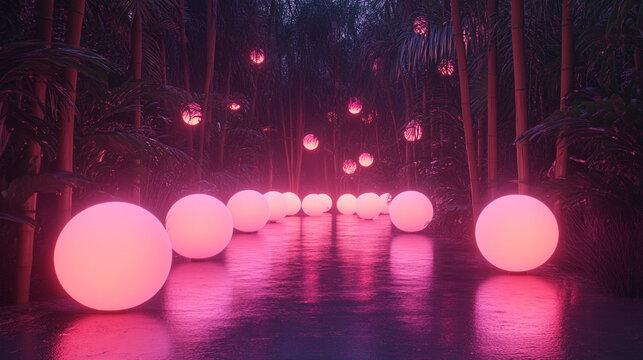 Mystical bioluminescent jungle with glowing orbs floating above a still reflective pool surreal flora in deep purples and teals evoking magic hidden realms and the mystery of untouched nature