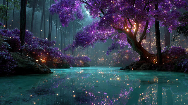 Mystical bioluminescent jungle with glowing orbs floating above a still reflective pool surreal flora in deep purples and teals evoking magic hidden realms and the mystery of untouched nature