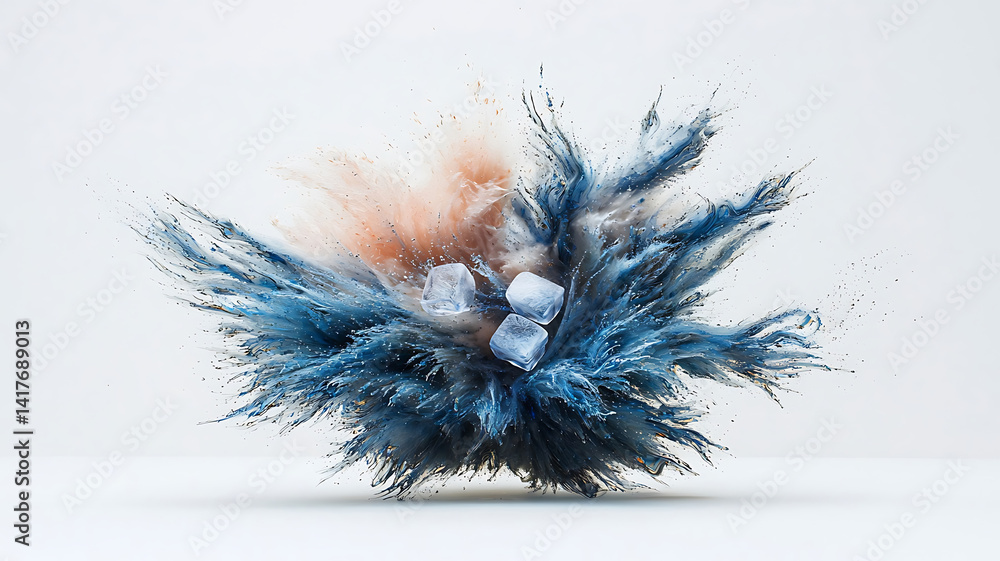 Poster exploding blue and peach colored pigment powder with three ice cubes isolated on white background