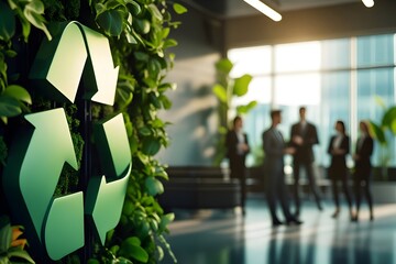 Corporate Sustainability Meeting Business Team Discussing Eco-Friendly Practices Near Recycling Symbol in Modern Office Environment