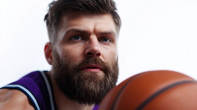 Close-up portrait of a focused basketball player.