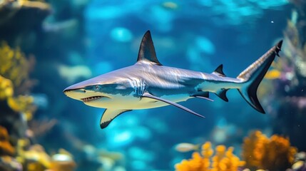 Obraz premium Majestic Shark Swimming Gracefully in Clear Ocean Waters Surrounded by Colorful Coral Reef and Marine Life