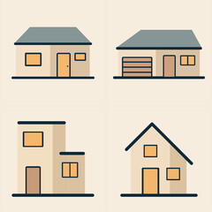 Flat Vector Illustration of Simple Home Designs Featuring Windows, Doors, and Roof Styles