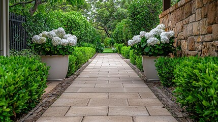 Beautiful outdoor pathway with ornamental plants in a serene garden setting