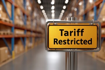 Global tariffs trade conflict. Caution Sign Indicating Tariff Restricted Shipping Gate in Warehouse
