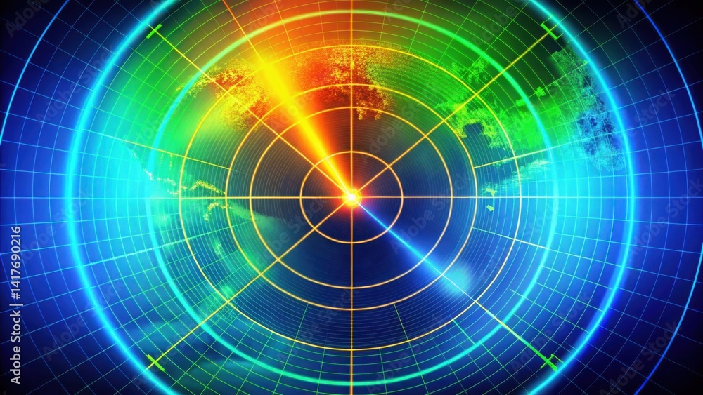 Poster vibrant radar scan pattern with bright colors and detailed zones