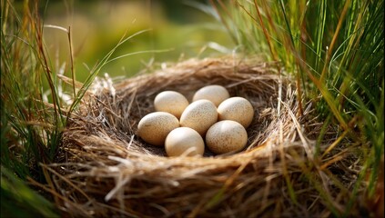 Obraz premium Bird nest with eggs amid green grass, signifying new beginnings or nature's cycle
