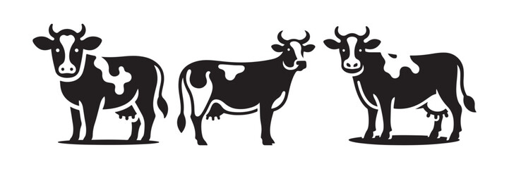 Set of black drawn cow icons silhouette vector on white background