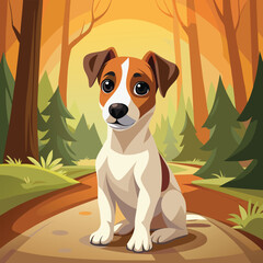 A small Jack Russell Terrier puppy sits attentively on a forest path bathed in warm sunlight.