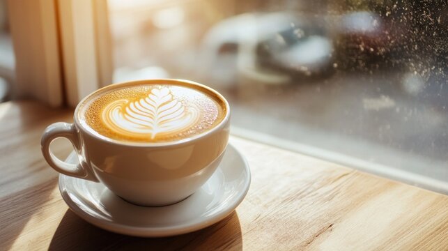 A steaming cup of coffee with elegant latte art, placed by a sunny window --ar 16:9 --v 6.1 Job ID: 4cace84e-b16d-457d-bbfe-99cda76d9db4