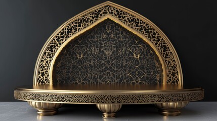 Elegant golden arched display stand with intricate Islamic design on dark background.