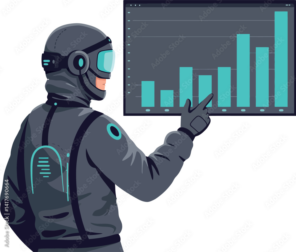Poster futuristic man wearing helmet pointing at ascending bar chart in flat digital vector art