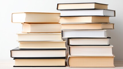 A neat stack of various books with different colors and sizes, showcasing the beauty of literature and knowledge.
