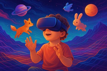 Child in VR glasses immersed in a virtual world with floating 3D animals, planets, and vibrant digital landscapes