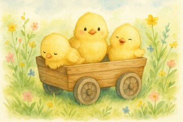 Three cute chickens riding in a wooden cart surrounded by watercolor grass and flowers
