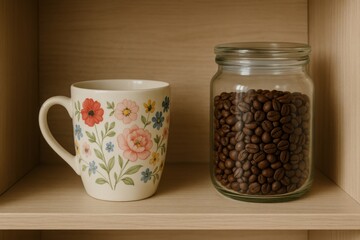 Light mug with floral pattern placed on a shelf, next to a glass jar of coffee beans