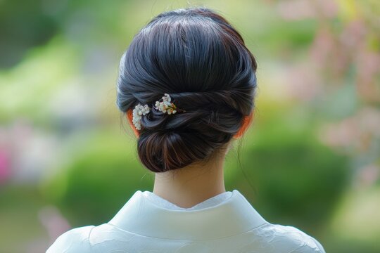 Asian female with elegant updo hairstyle in serene garden setting