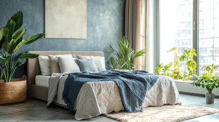 A modern bedroom with a comfortable bed, stylish decor, and a large window letting in natural light.