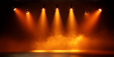 Five spotlights illuminate a smoky stage with warm orange light creating a dramatic and atmospheric showcase ideal for presentations or product displays Free space for text
