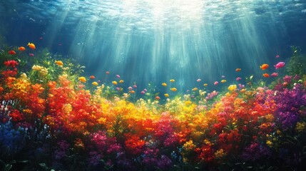 Underwater garden vibrant colors, sunlight rays, fish