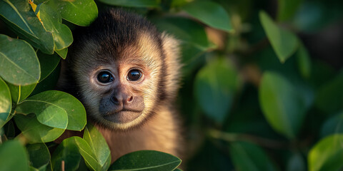 Close-up of a young monkey's face peeking from lush green foliage, showcasing its expressive eyes and soft fur, representing wildlife, nature, and curiosity