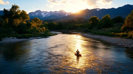 Golden sunset illuminates a peaceful river journey.