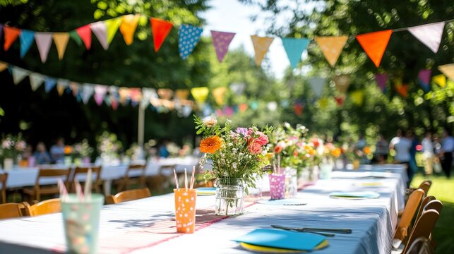 Outdoor garden party with colorful bunting and floral table decorations